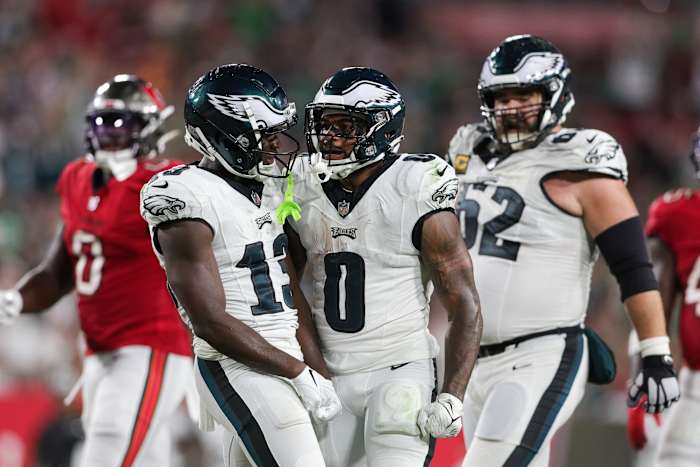 Olamide Zaccheaus (13) and D'Andre Swift (0) celebrate in a game against the Tampa Bay Buccaneers.